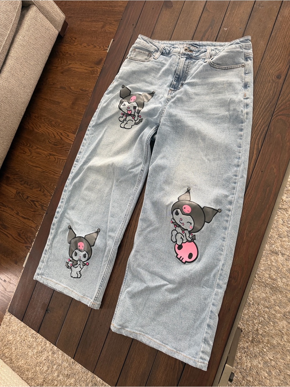 Sanrio Light Blue Wide-Leg Jeans with Pink & Black Character Prints